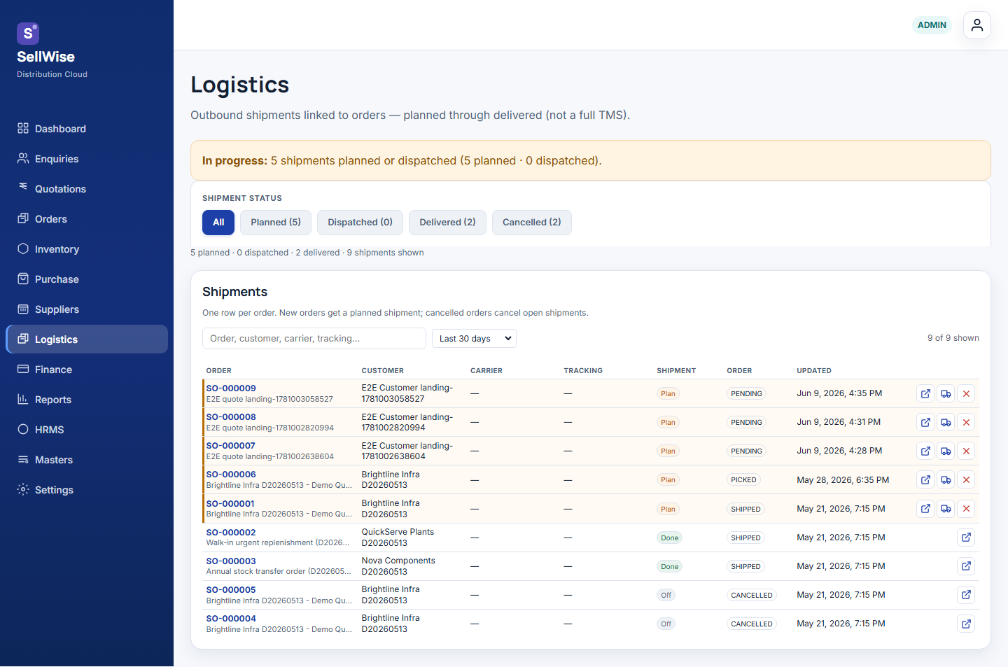 SellWise dispatch and shipment tracking screen
