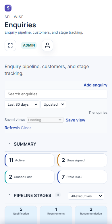 SellWise mobile CRM enquiries list